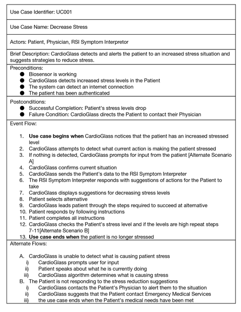 An example use case for CardioGlass that details how the system supports reducing stress in a user