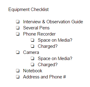 A short equipment checklist