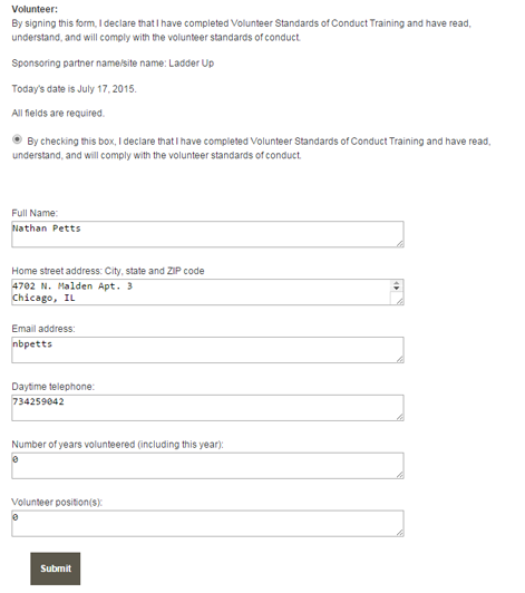 Ladder Up's volunteer form