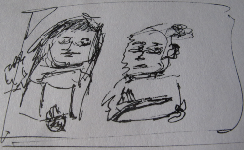 A sketch of two actors rehersing side by side. One holds a script.